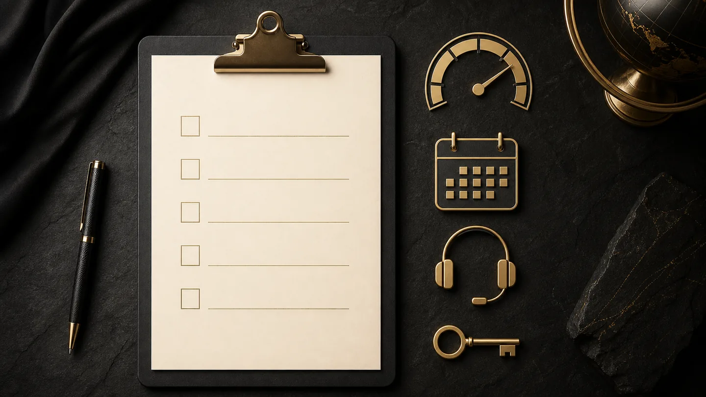 Premium dark buyer checklist with blank rows, risk gauge, calendar, support and access symbols