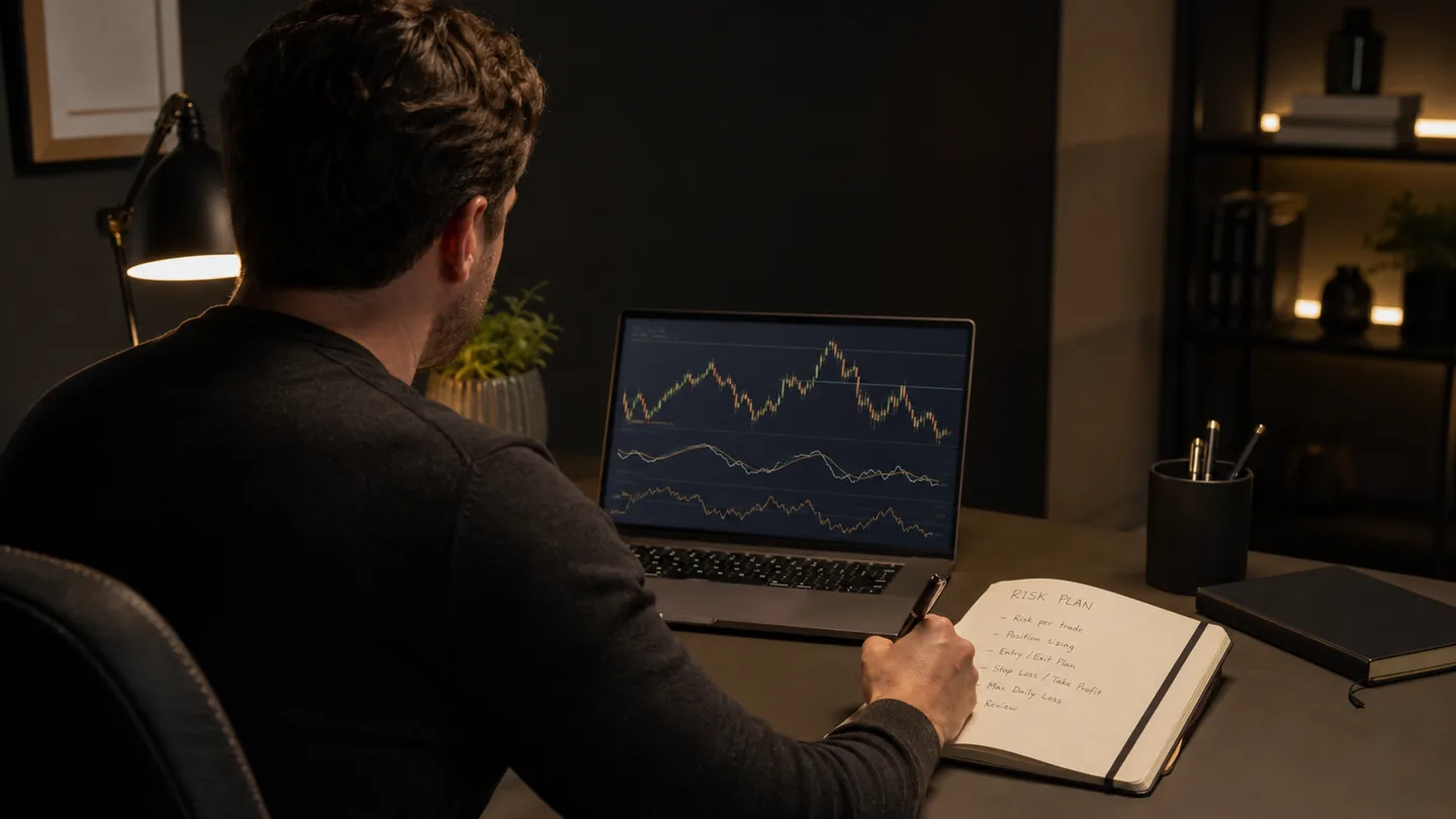 Adult learner at a calm home office reviewing abstract charts and writing a risk plan